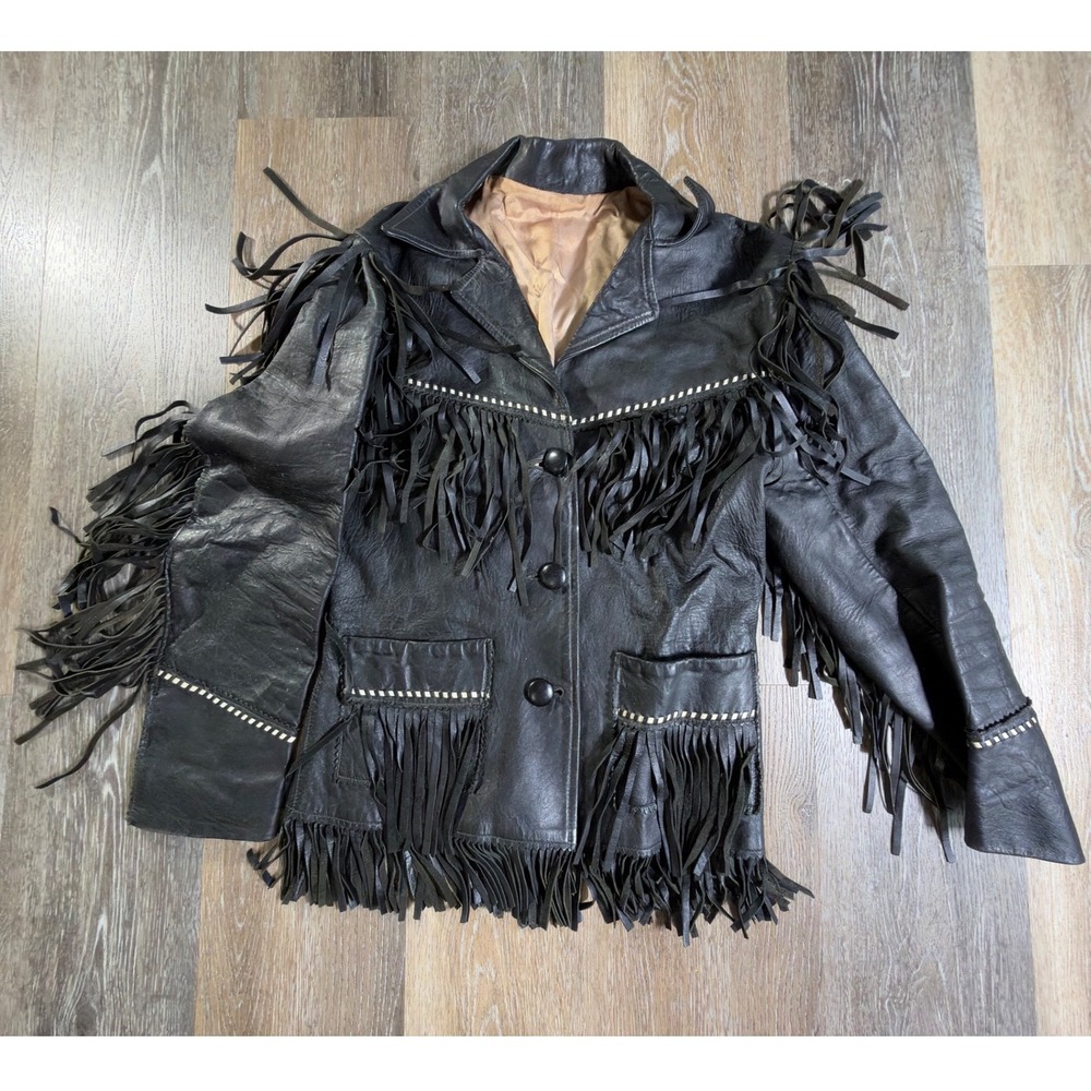 Jo-o-Kay Fringe Leather Jacket Womens XS Black Western Whipstitch Vintage